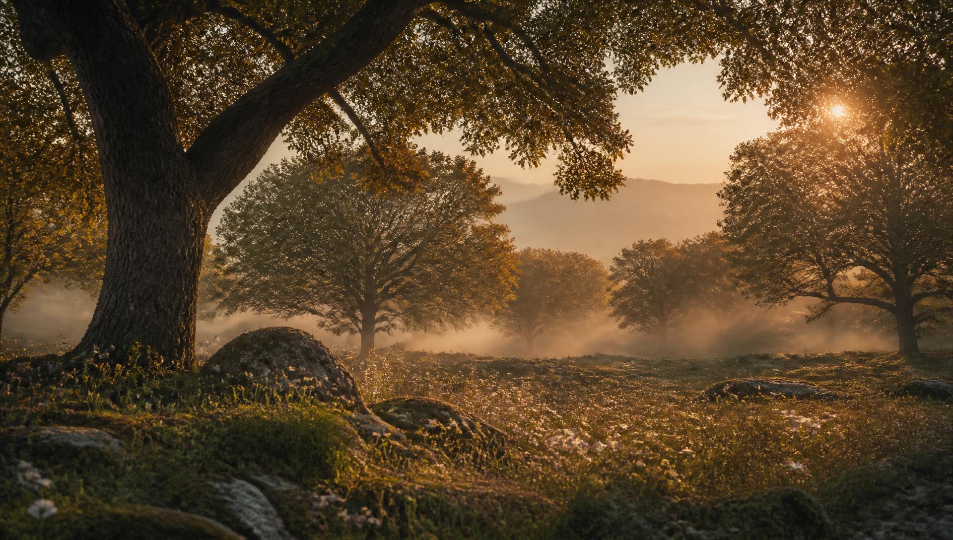 Sunlit oak grove at golden hour with mist and wildflower meadow